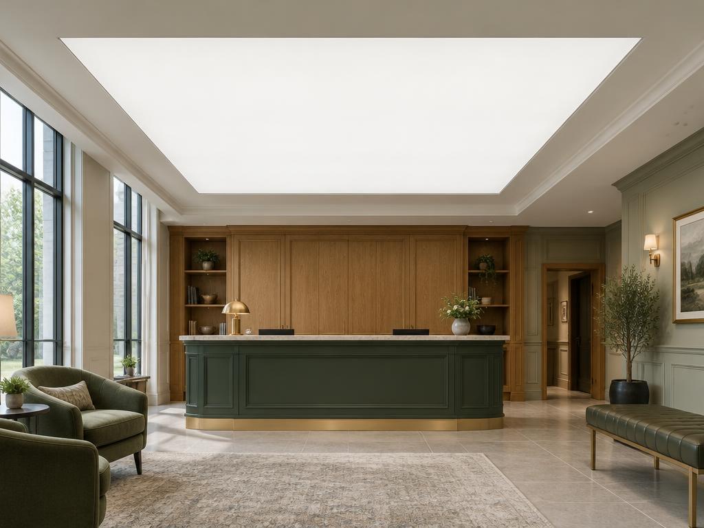 Backlit ceiling above a hotel front desk