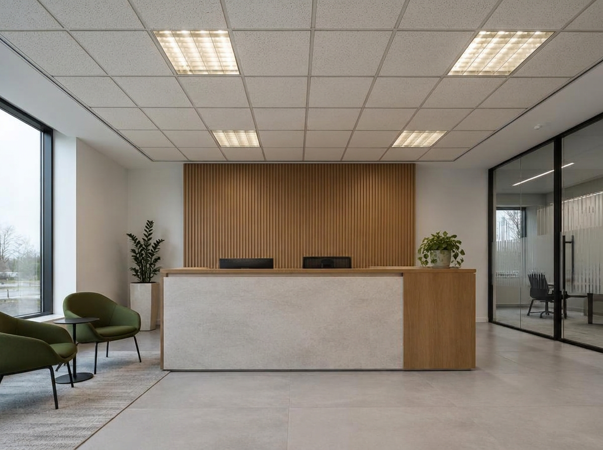 Before: Reception with ceiling tiles and fluorescent fittings. Illustrative example.