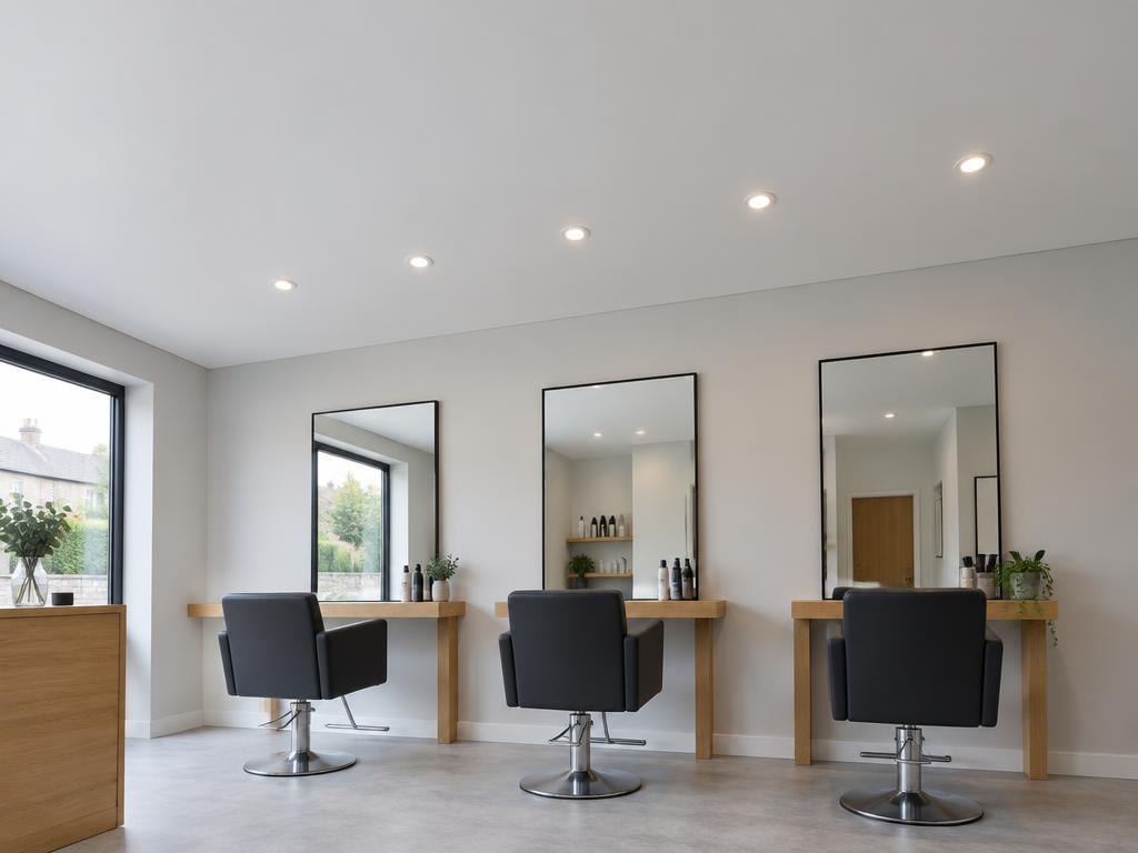 Matt salon ceiling with recessed spotlights