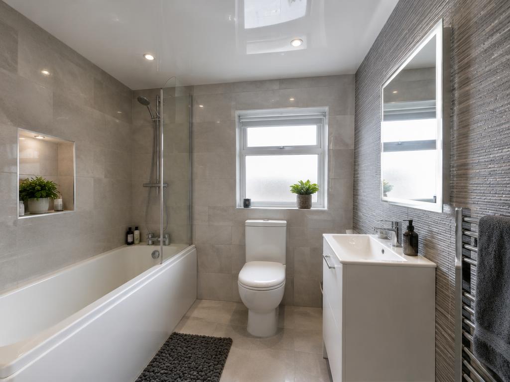 Gloss stretch ceiling above a family bathroom