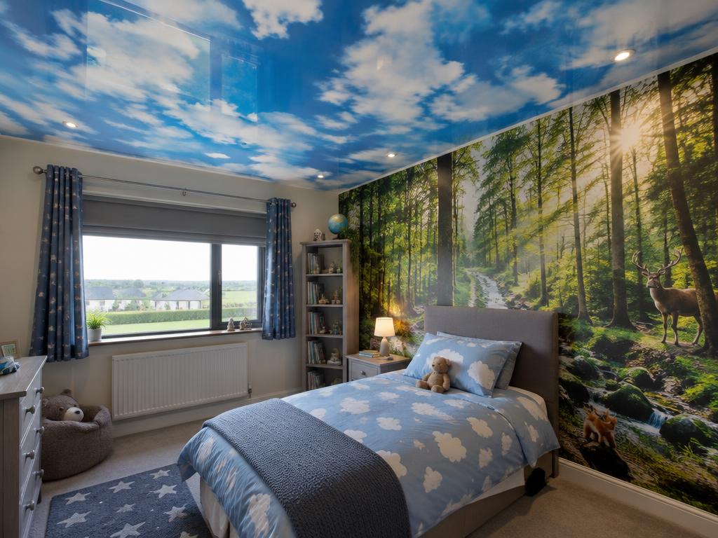 Sky ceiling and woodland printed wall in a bedroom