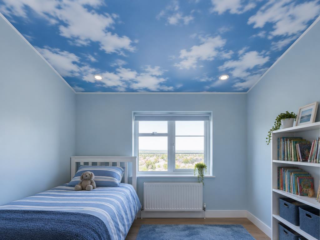 Cloud print on a bedroom ceiling