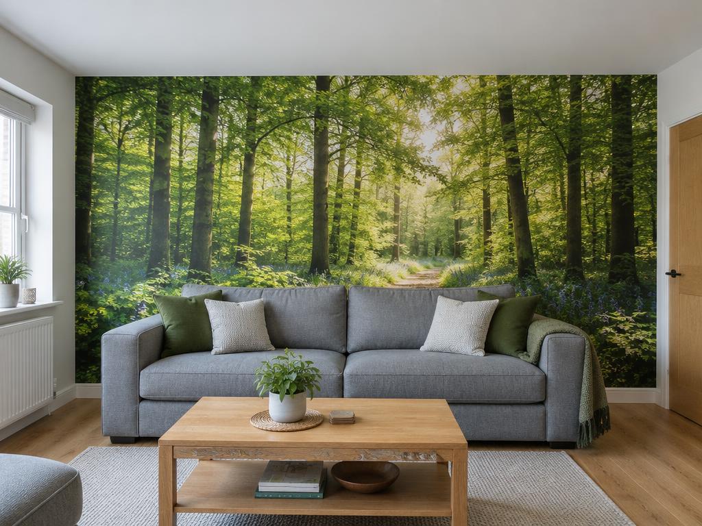 Woodland print on a living room wall